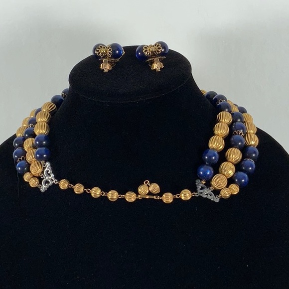 Vintage Bead Necklace Sapphire Blue Moon Glow and Gold - Clip Cluster Earrings - Picture 6 of 14
